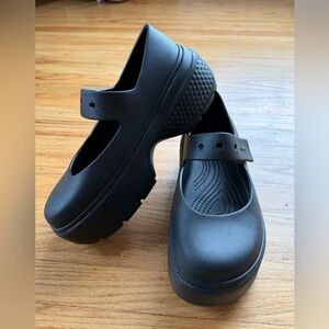 Black crocs stomp Mary Jane platform clogs